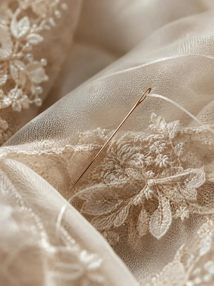 Illustratives Detail von Nadel, Faden und feinem Brautstoff