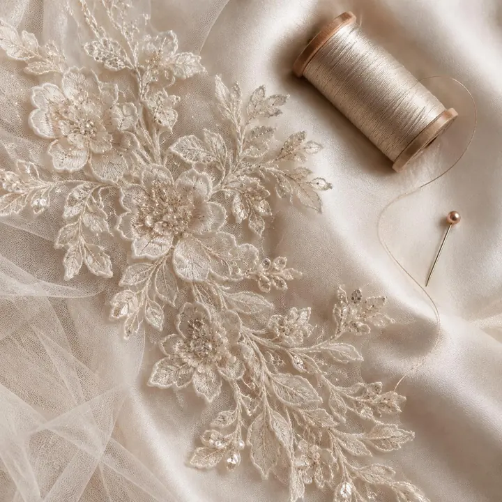Illustratives Detail von feiner Spitze, Garnrolle und hellem Brautstoff