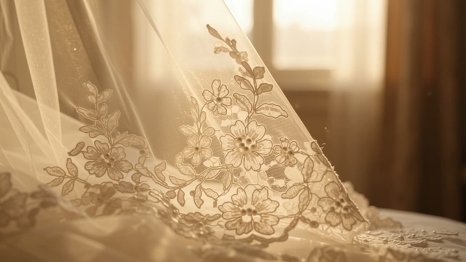 Feine Spitze und Tüll eines Brautkleids im warmen Gegenlicht